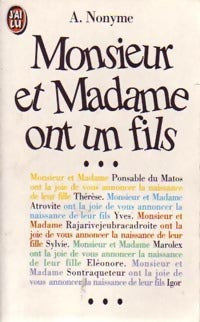 Livrenpoche : Monsieur et Madame ont un fils - A. Nonyme - Livre