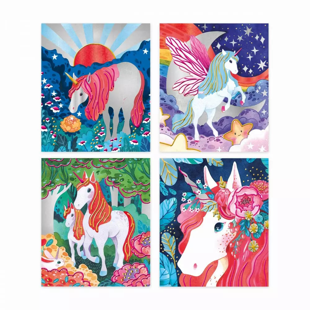 Coffret peintures nacrées et 3d - 4 tableaux licornes - - jeuSociete