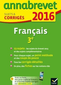 Livrenpoche : Français 3e, sujets et corrigés du brevet 2016 - Collectif - Livre