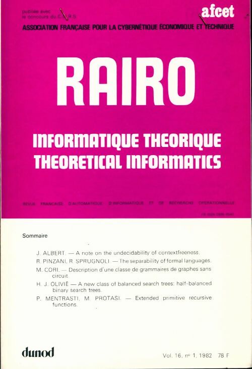 Livrenpoche : Rairo. Informatique théorique Vol. 16 n°1 - Collectif - Livre