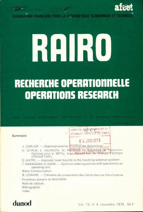 Livrenpoche : Rairo. Recherche opérationnelle Vol. 12 n°4 - Collectif - Livre