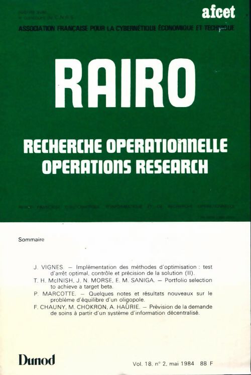 Livrenpoche : Rairo. Recherche opérationnelle Vol. 18 n°2 - Collectif - Livre