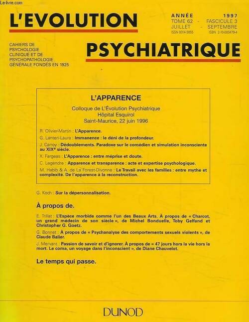 Livrenpoche : L'évolution psychiatrique n°62-3 : L'apparence - Collectif - Livre