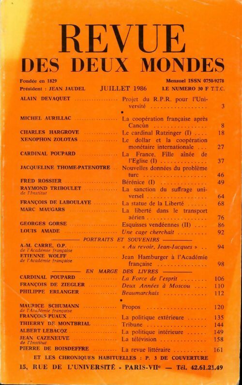 Livrenpoche : Revue des deux mondes Juillet 1986 - Collectif - Livre