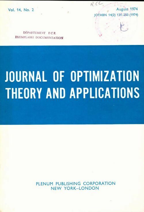 Livrenpoche : Journal of optimization theory and applications n°14-2 - Collectif - Livre