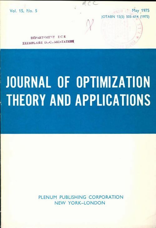 Livrenpoche : Journal of optimization theory and applications n°15-5 - Collectif - Livre