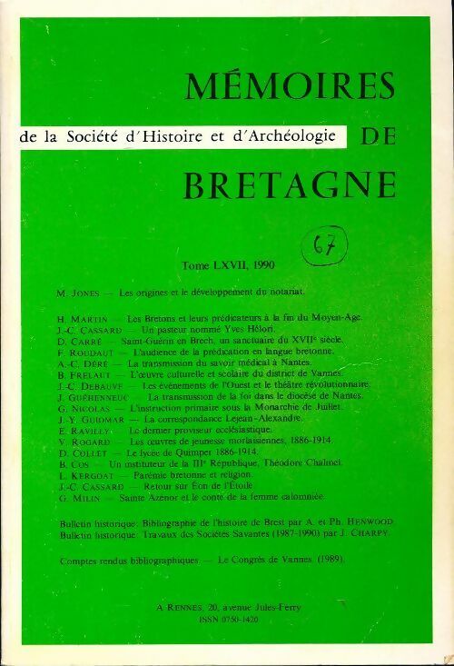 Livrenpoche : Mémoires de la société d'histoire et d'archéologie de Bretagne Tome LXVII - Collectif - Livre