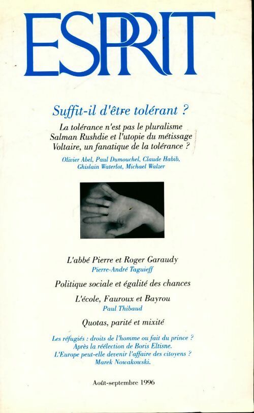 Livrenpoche : Esprit n°8-9 : suffit-il d'être tolérant? - Collectif - Livre