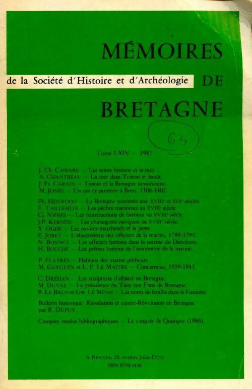 Livrenpoche : Mémoires de la société d'histoire et d'archéologie de Bretagne Tome LXIV - Collectif - Livre