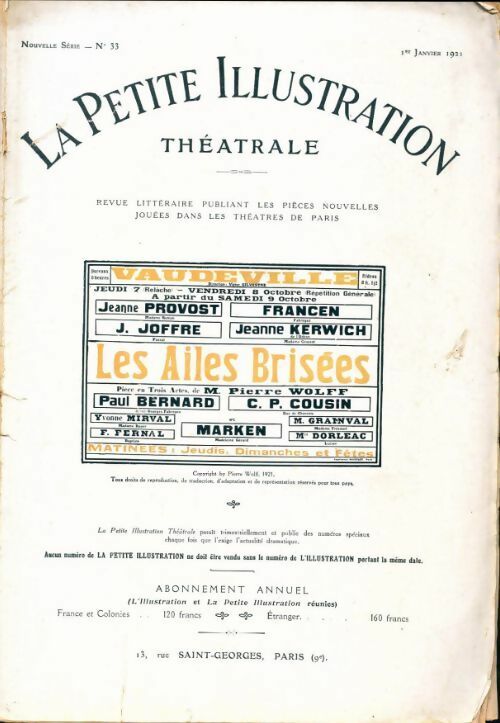 Livrenpoche : La petite illustration n°33 : Les ailes brisées - Pierre Wolff - Livre