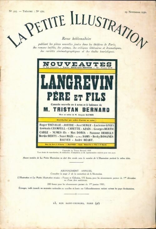 Livrenpoche : La petite illustration n°505 Théâtre n°270 : Langrevin père et fils - Collectif - Livre
