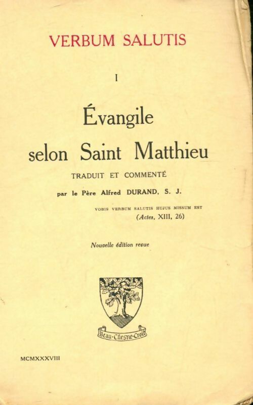 Livrenpoche : Verbum salutis Tome I : Évangile selon Saint Matthieu - A. Durand - Livre
