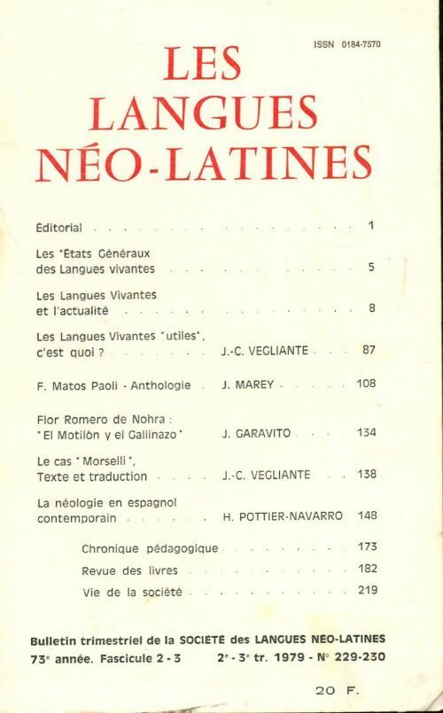 Livrenpoche : Les langues néo-latines n°229 73e année fascicule 2 - Collectif - Livre