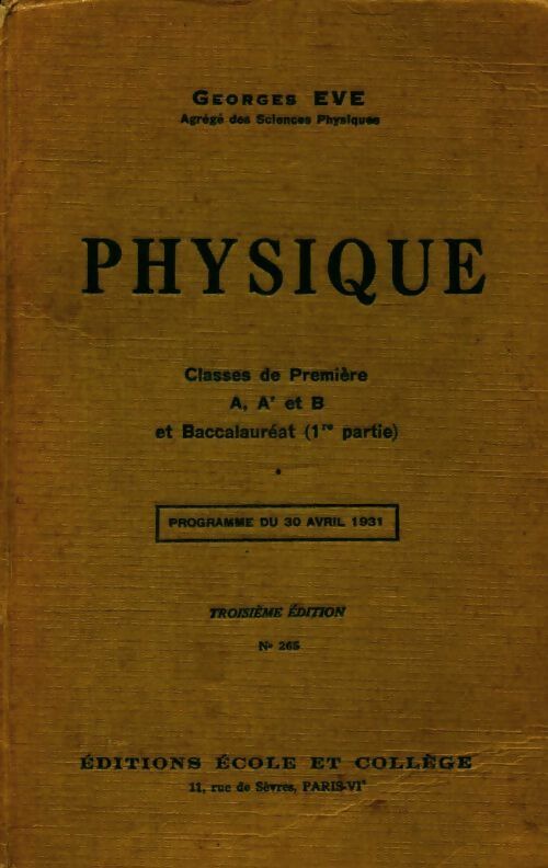 Livrenpoche : Physique 1ère A, A', B - Georges Eve - Livre