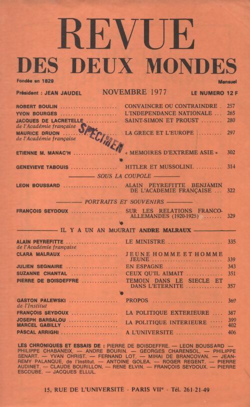 Livrenpoche : Revue des deux mondes novembre 1977 - Collectif - Livre