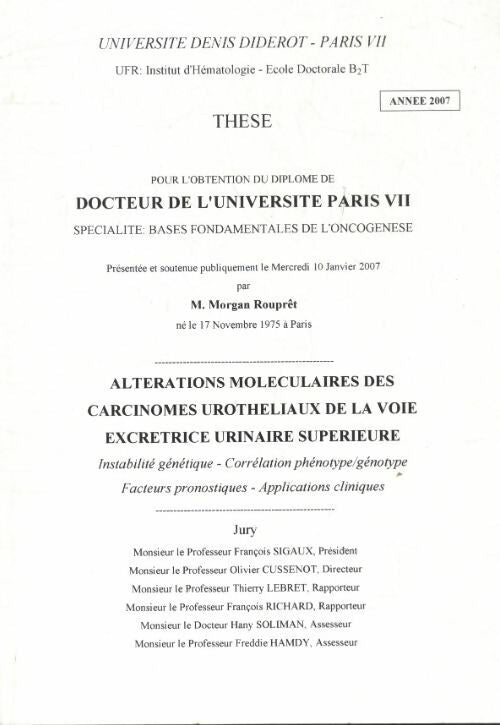 Livrenpoche : Altérations moléculaires des carcinomes urotheliaux de la voie excrétrce urinaire supérieur - Morgan Rouprêt - Livre