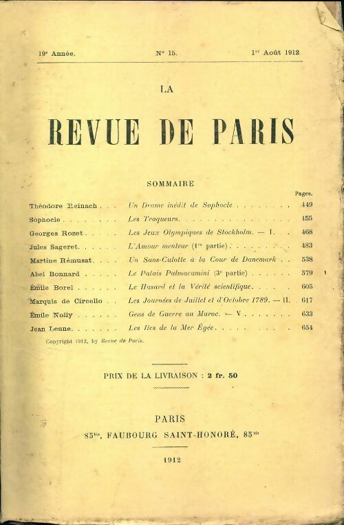 Livrenpoche : La revue de Paris 1912 n°15 - Collectif - Livre