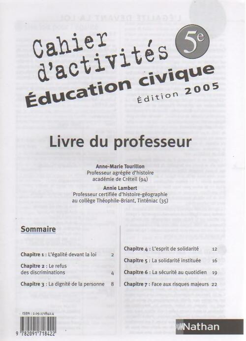 Livrenpoche : Education civique 5e. Cahier d'activités. Livre du professeur - Anne-Marie Tourillon - Livre