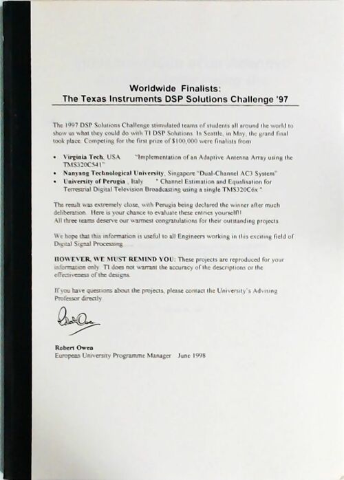 Livrenpoche : Worldwide Finalists : The Texas Instruments DSP Solutions Challenge '97 - Collectif - Livre