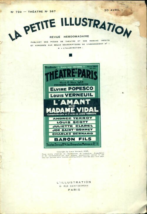 Livrenpoche : La petite illustration n°720 Théâtre n°367 : L'amant de Madame Vidal - Collectif - Livre