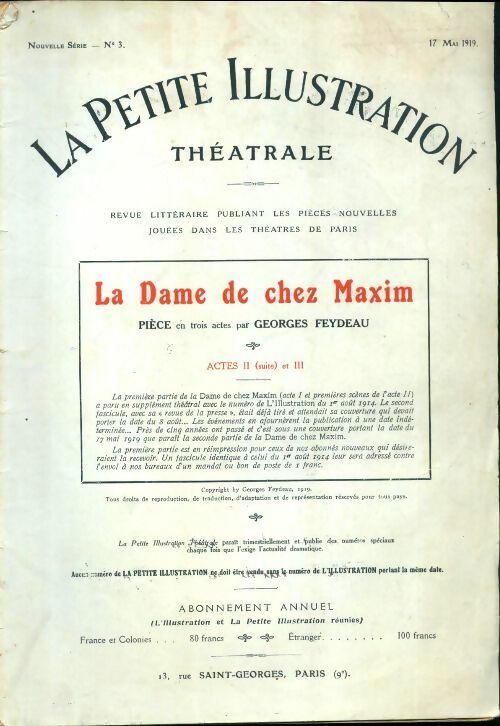 Livrenpoche : La petite illustration théâtrale n°3 : La dame de chez Maxim Actes II - Collectif - Livre
