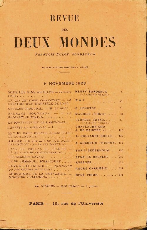 Livrenpoche : Revue des deux mondes novembre 1928 - Collectif - Livre
