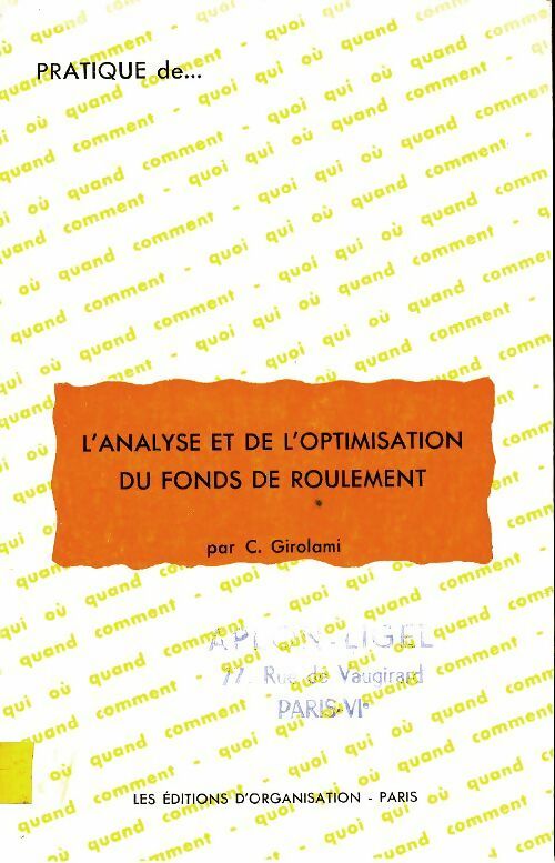 Livrenpoche : L'analyse et de l'optimisation du fonds de roulement - C Girolami - Livre