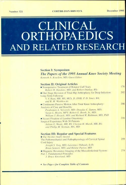 Livrenpoche : Clinical orthopedics and related research n°321 : Papers of the 1995 annual knee society meeting - Collectif - Livre