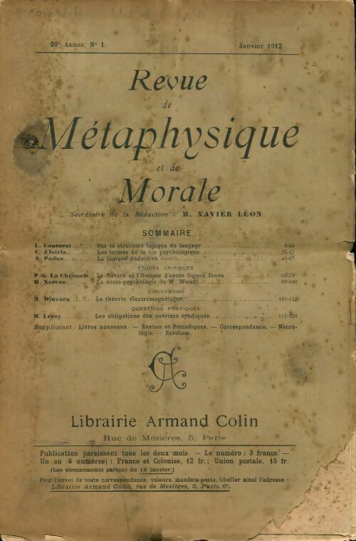 Livrenpoche : Revue de métaphysique et de morale 20e année n°1 - Collectif - Livre