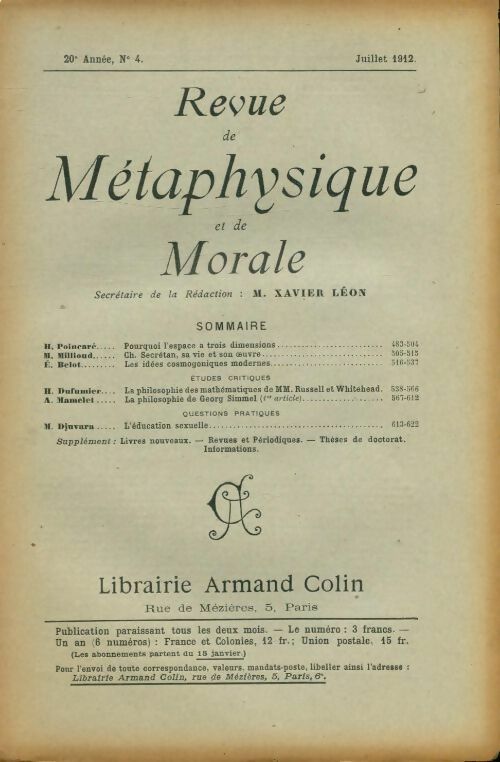 Livrenpoche : Revue de métaphysique et de morale 20e année n°4 - Collectif - Livre
