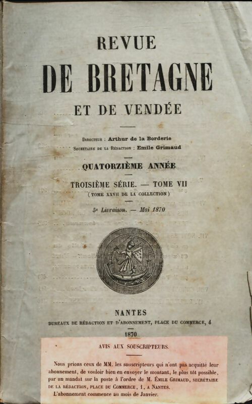 Livrenpoche : Revue de Bretagne et de Vendée 14e année 3ème série Tome VII - Collectif - Livre