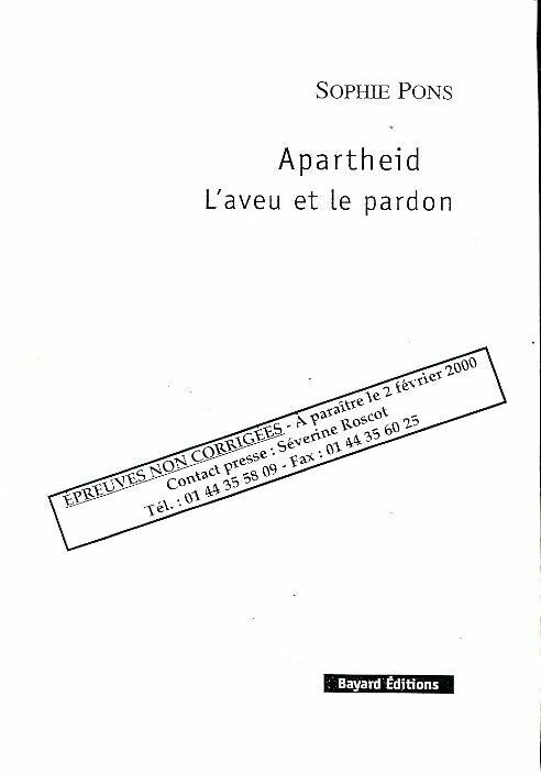 Livrenpoche : Apartheid : L'aveu et le pardon - Sophie Pons - Livre