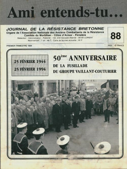 Livrenpoche : Ami entends-tu... n°88 : 50ème anniversaire de la fusillade du groupe Vaillant-Couturier - Collectif - Livre