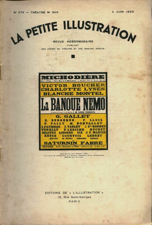 Livrenpoche : La petite illustration n°579 Théâtre n°300 : La banque Némo - Collectif - Livre