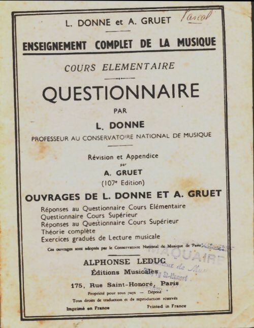 Livrenpoche : Enseignement complet de la musique. Cours élémentaire : Questionnaire - L. Donne - Livre