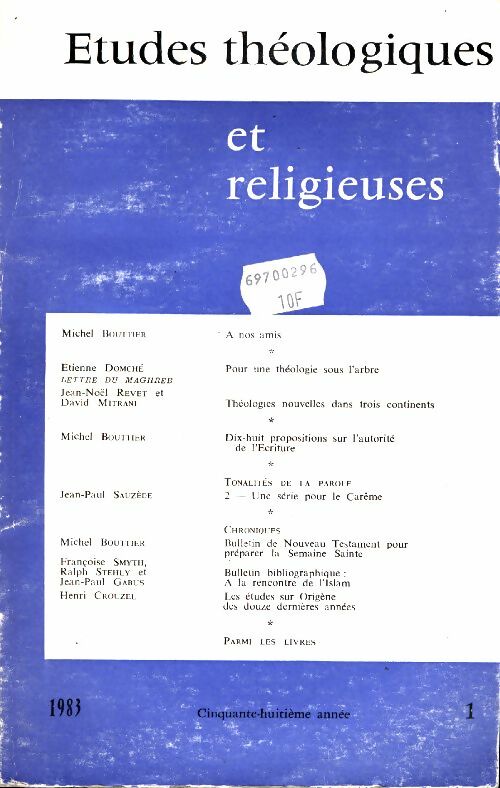 Livrenpoche : Etudes théologiques et religieuses 58e année n°1 - Collectif - Livre