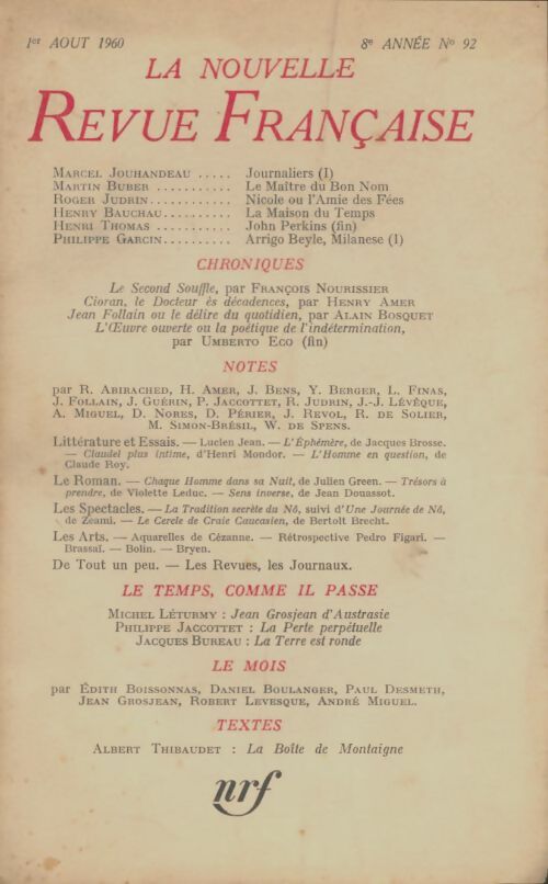 Livrenpoche : La nouvelle revue française n°92 - Collectif - Livre