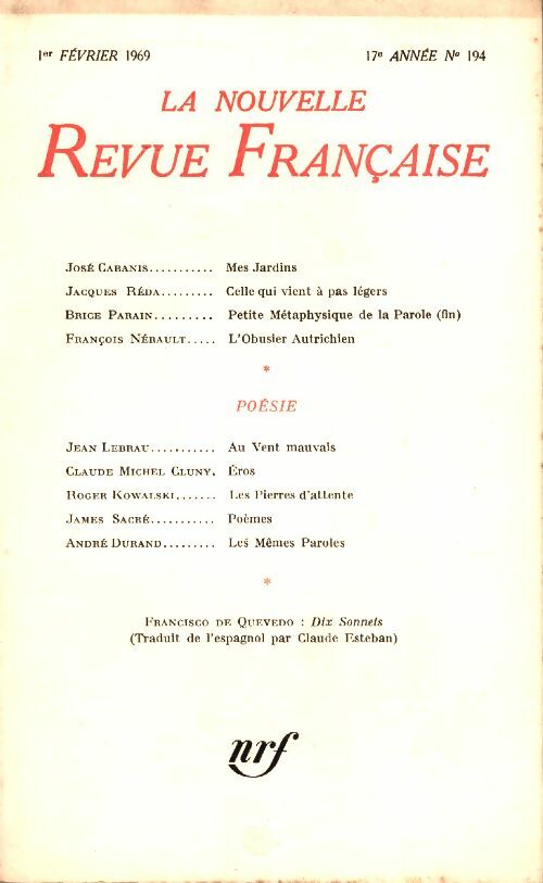 Livrenpoche : La nouvelle revue Française n°194 - Collectif - Livre