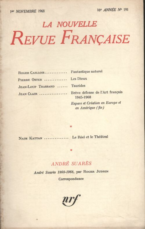 Livrenpoche : La nouvelle revue Française n°191 - Collectif - Livre
