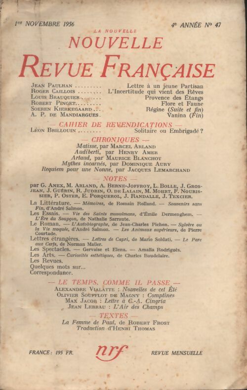Livrenpoche : La nouvelle revue Française n°47 - Collectif - Livre