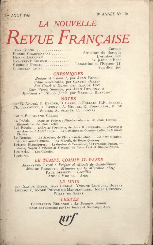 Livrenpoche : La nouvelle revue Française n°104 - Collectif - Livre