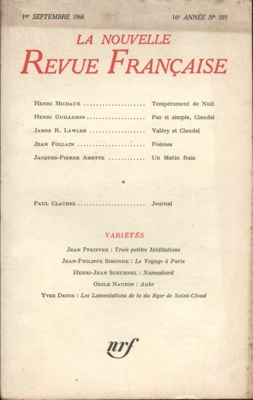 Livrenpoche : La nouvelle revue Française n°189 - Collectif - Livre