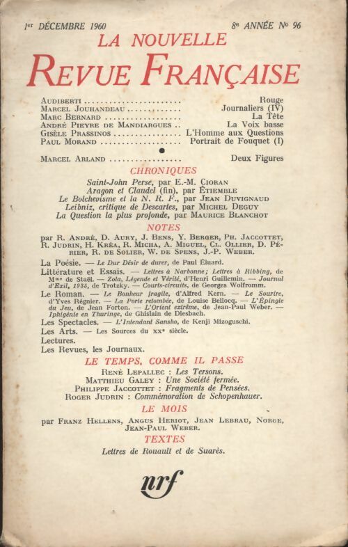 Livrenpoche : La nouvelle revue Française n°96 - Collectif - Livre