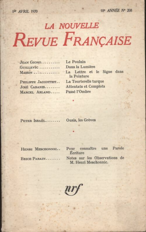 Livrenpoche : La nouvelle revue Française n°208 - Collectif - Livre