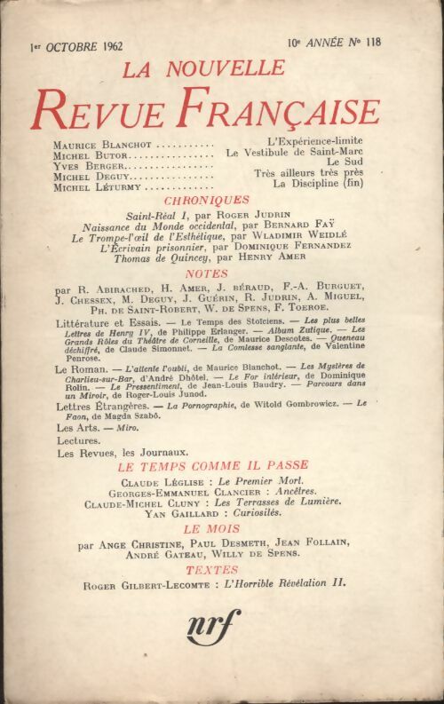 Livrenpoche : La nouvelle revue Française n°118 - Collectif - Livre