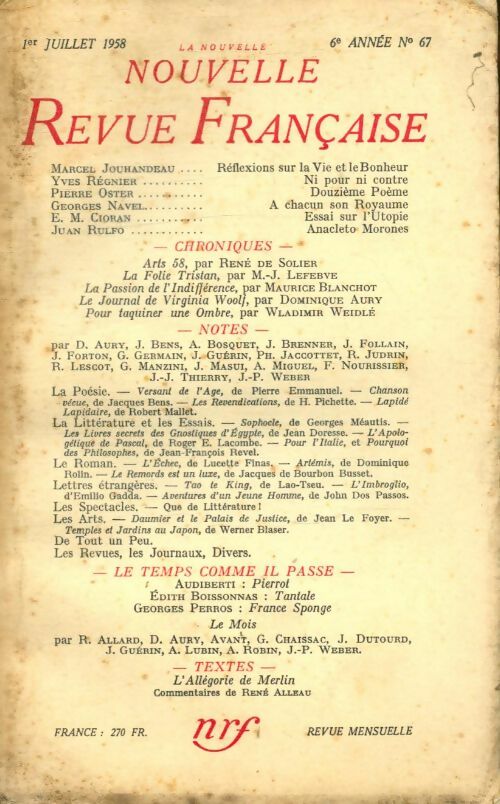 Livrenpoche : La nouvelle revue Française n°67 - Collectif - Livre