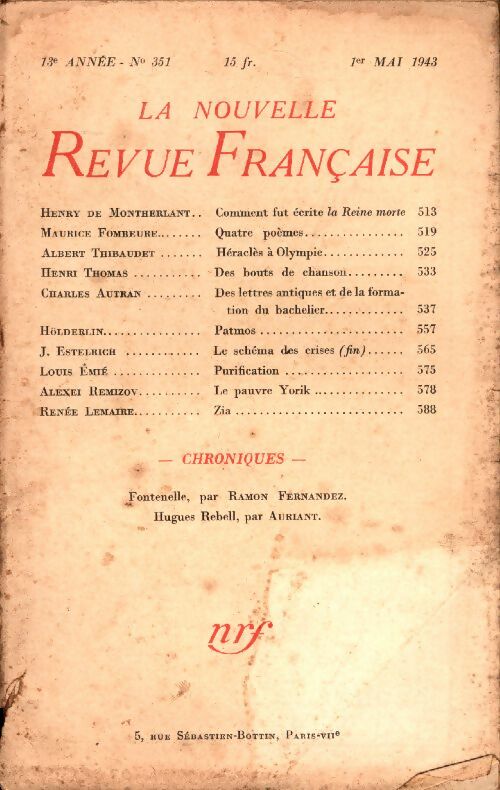 Livrenpoche : La Nouvelle Revue Française n°351 - Collectif - Livre