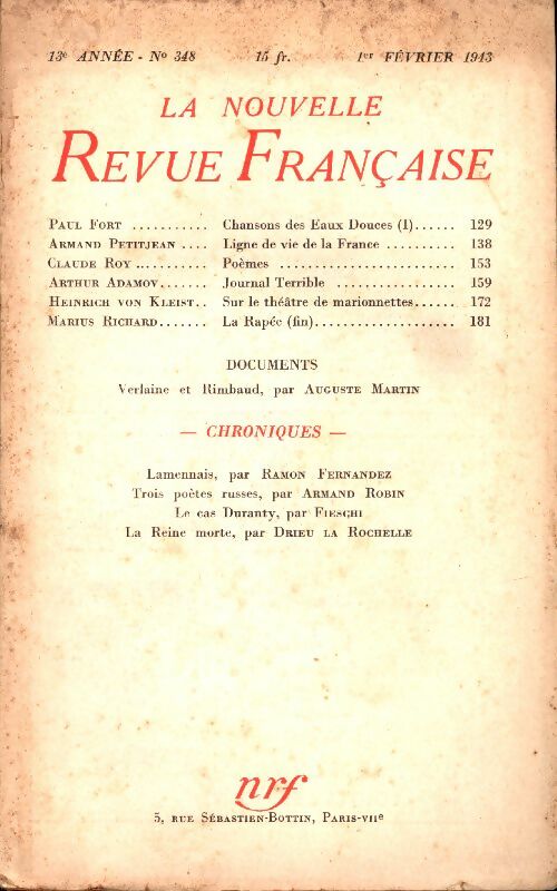 Livrenpoche : La Nouvelle Revue Française n°348 - Collectif - Livre