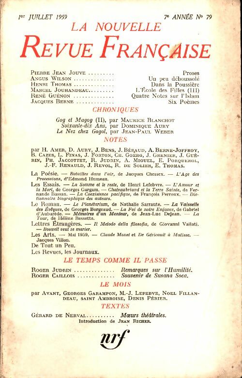 Livrenpoche : La nouvelle revue Française n°79 - Collectif - Livre
