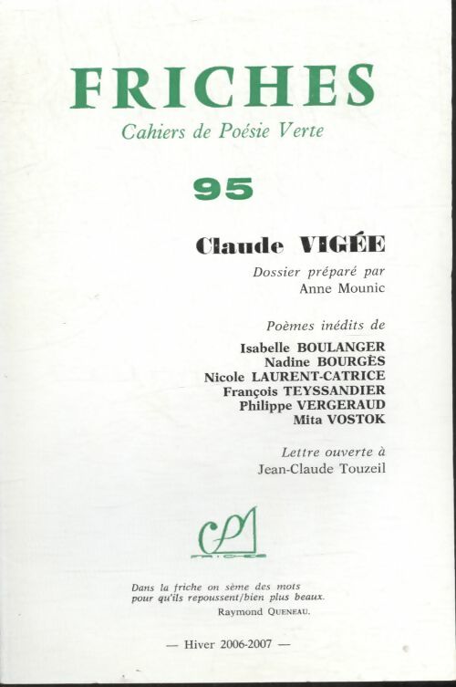 Livrenpoche : Friches n°95 : Claude Vigée - Collectif - Livre
